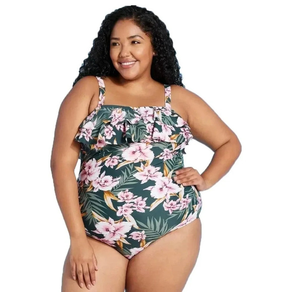 Kona Sol Women's Tropical Palm Floral Ruffle One-Piece Swimsuit Size XL - Picture 1 of 7